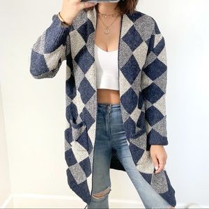 Blue and cream diamond knit cardigan sweater